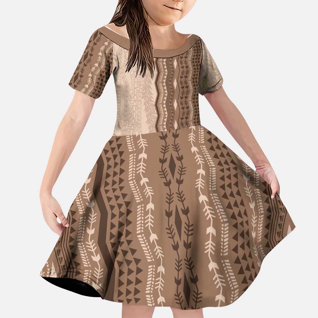Vintage Beige Hawaiian Traditional Kapa Mix Flowers Lei Family Matching Long Sleeve Bodycon Dress and Hawaiian Shirt