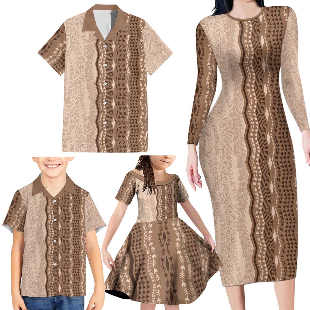 Vintage Beige Hawaiian Traditional Kapa Mix Flowers Lei Family Matching Long Sleeve Bodycon Dress and Hawaiian Shirt