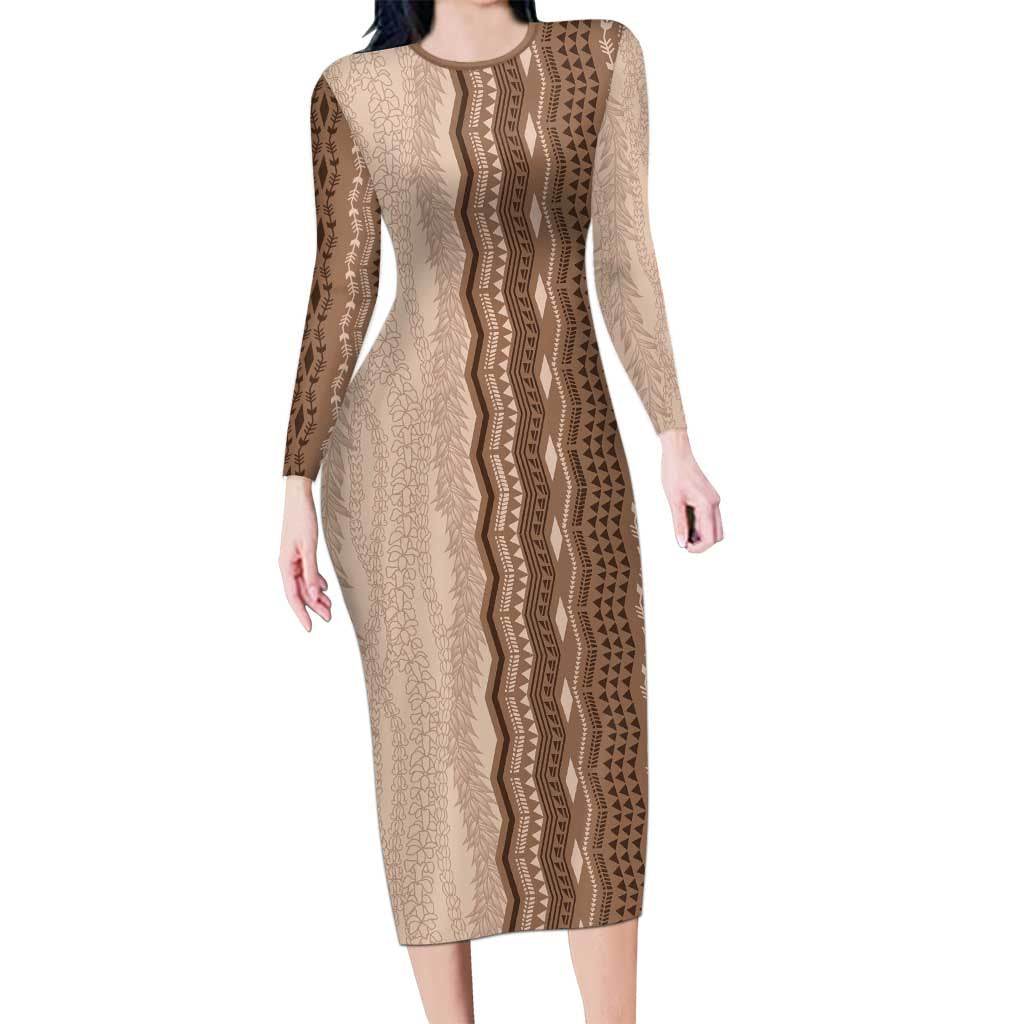 Vintage Beige Hawaiian Traditional Kapa Mix Flowers Lei Family Matching Long Sleeve Bodycon Dress and Hawaiian Shirt