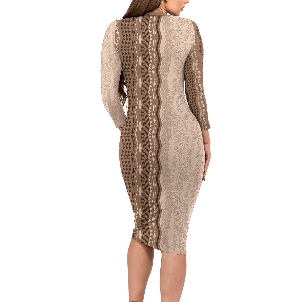 Vintage Beige Hawaiian Traditional Kapa Mix Flowers Lei Family Matching Long Sleeve Bodycon Dress and Hawaiian Shirt