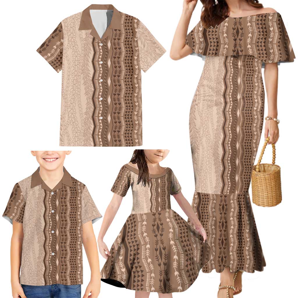 Vintage Beige Hawaiian Traditional Kapa Mix Flowers Lei Family Matching Mermaid Dress and Hawaiian Shirt