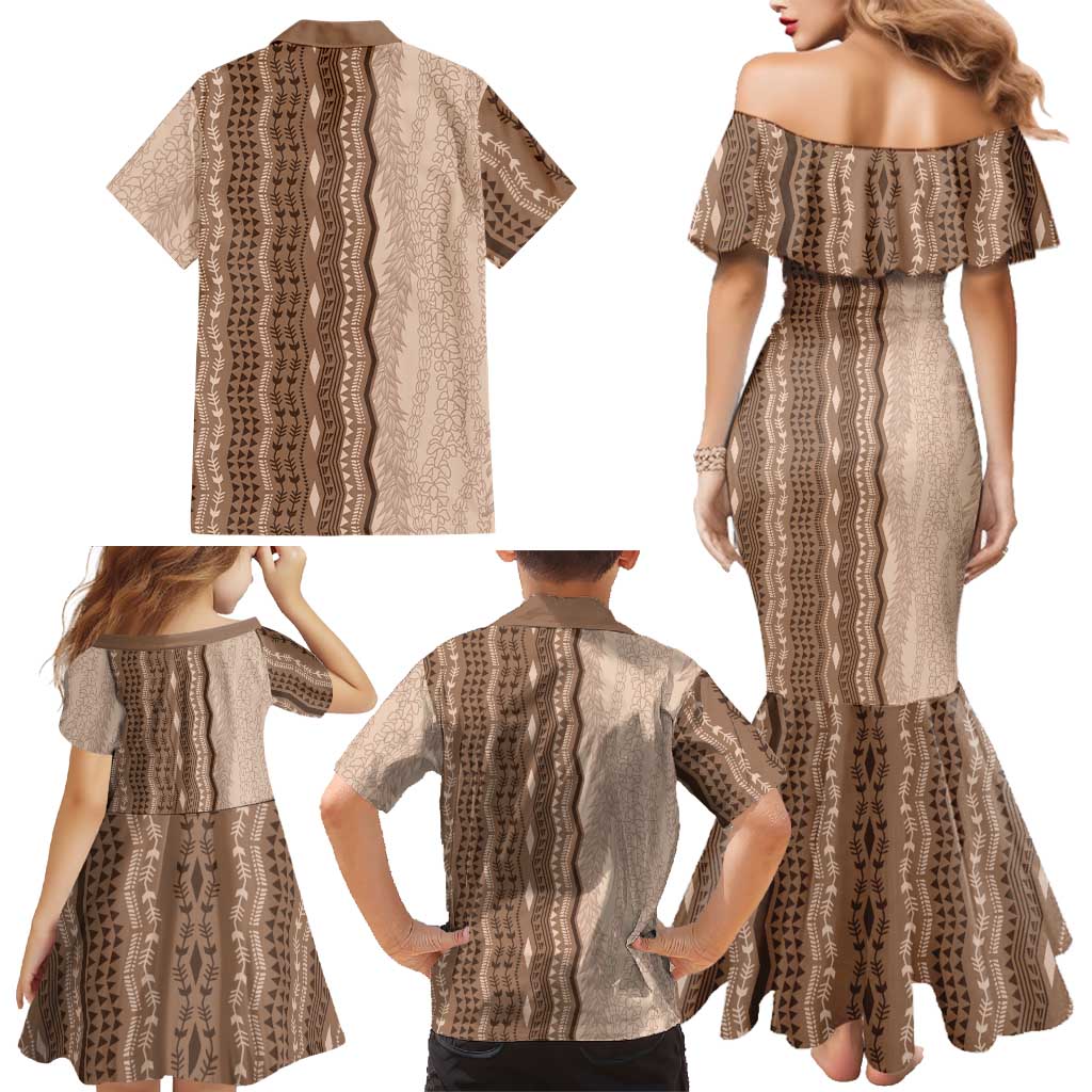 Vintage Beige Hawaiian Traditional Kapa Mix Flowers Lei Family Matching Mermaid Dress and Hawaiian Shirt