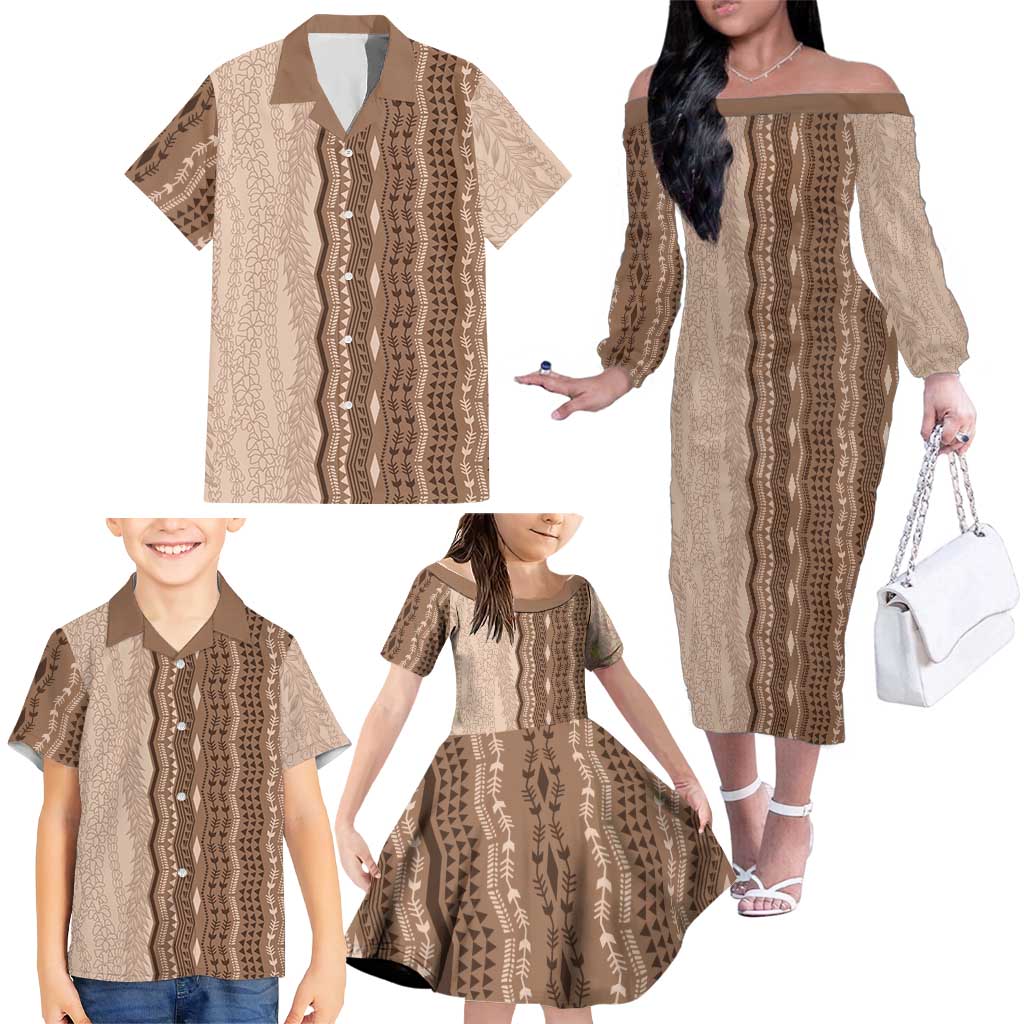 Vintage Beige Hawaiian Traditional Kapa Mix Flowers Lei Family Matching Off The Shoulder Long Sleeve Dress and Hawaiian Shirt