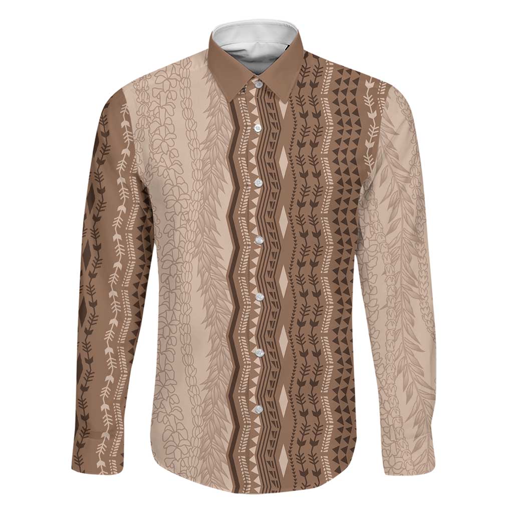 Vintage Beige Hawaiian Traditional Kapa Mix Flowers Lei Family Matching Off The Shoulder Long Sleeve Dress and Hawaiian Shirt