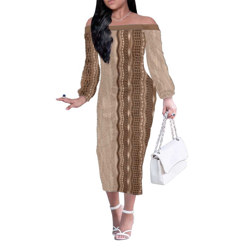 Vintage Beige Hawaiian Traditional Kapa Mix Flowers Lei Family Matching Off The Shoulder Long Sleeve Dress and Hawaiian Shirt