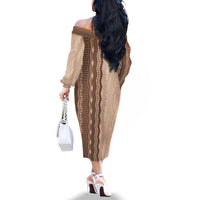 Vintage Beige Hawaiian Traditional Kapa Mix Flowers Lei Family Matching Off The Shoulder Long Sleeve Dress and Hawaiian Shirt