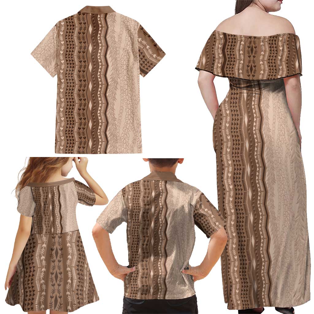 Vintage Beige Hawaiian Traditional Kapa Mix Flowers Lei Family Matching Off Shoulder Maxi Dress and Hawaiian Shirt