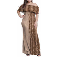 Vintage Beige Hawaiian Traditional Kapa Mix Flowers Lei Family Matching Off Shoulder Maxi Dress and Hawaiian Shirt