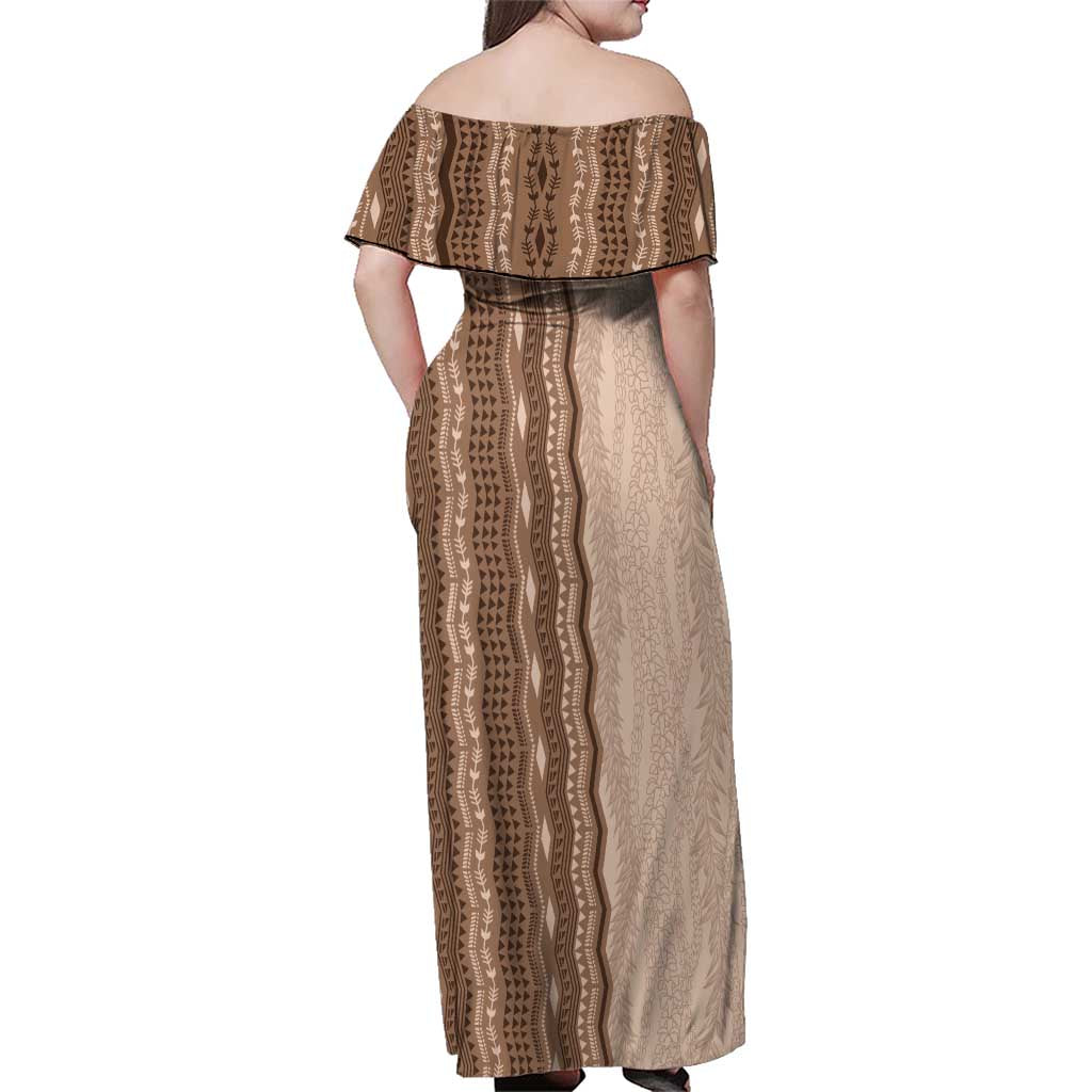 Vintage Beige Hawaiian Traditional Kapa Mix Flowers Lei Family Matching Off Shoulder Maxi Dress and Hawaiian Shirt
