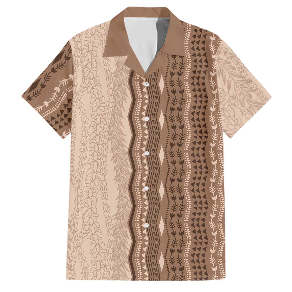 Vintage Beige Hawaiian Traditional Kapa Mix Flowers Lei Family Matching Puletasi and Hawaiian Shirt