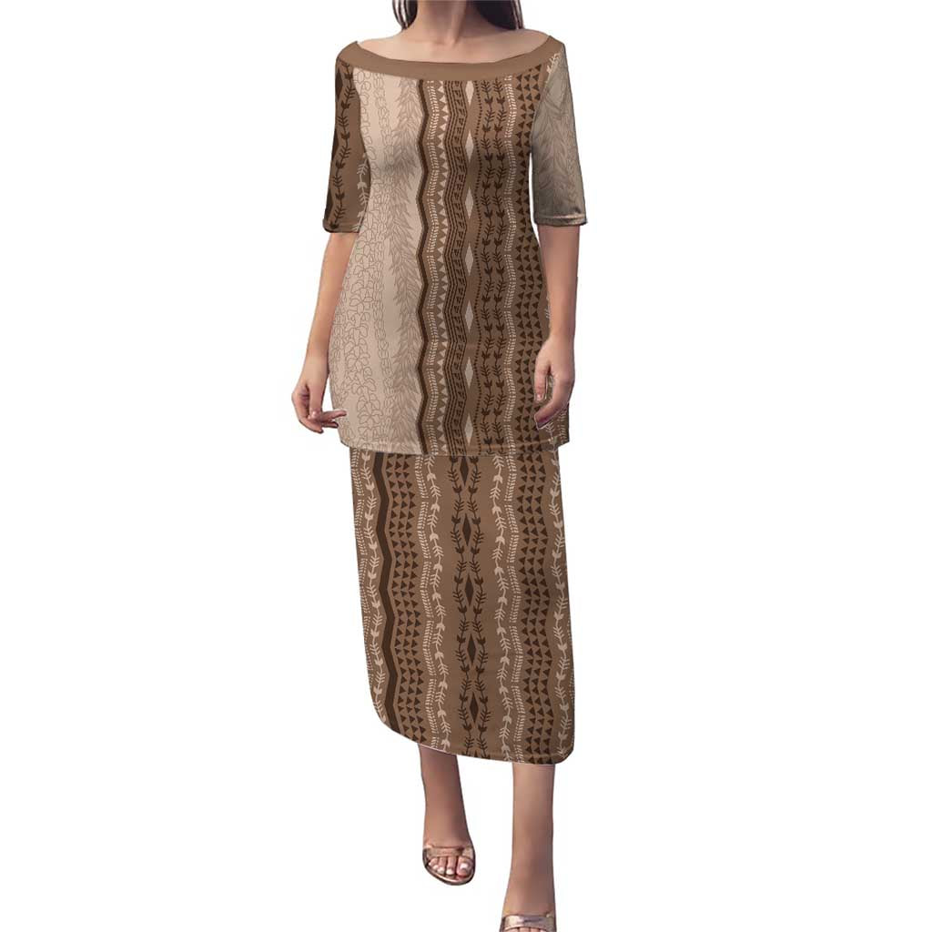 Vintage Beige Hawaiian Traditional Kapa Mix Flowers Lei Family Matching Puletasi and Hawaiian Shirt