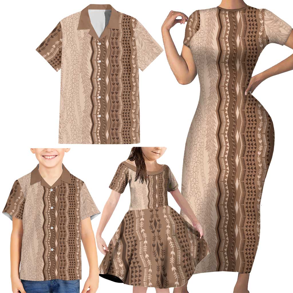 Vintage Beige Hawaiian Traditional Kapa Mix Flowers Lei Family Matching Short Sleeve Bodycon Dress and Hawaiian Shirt