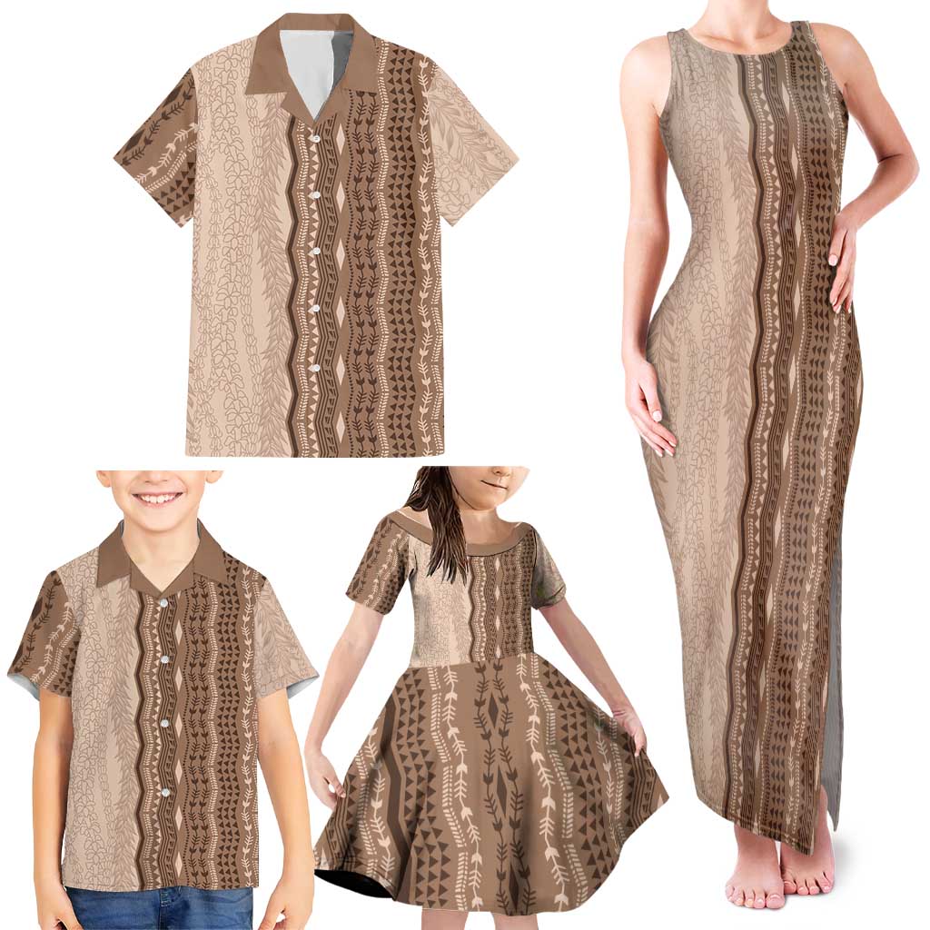 Vintage Beige Hawaiian Traditional Kapa Mix Flowers Lei Family Matching Tank Maxi Dress and Hawaiian Shirt