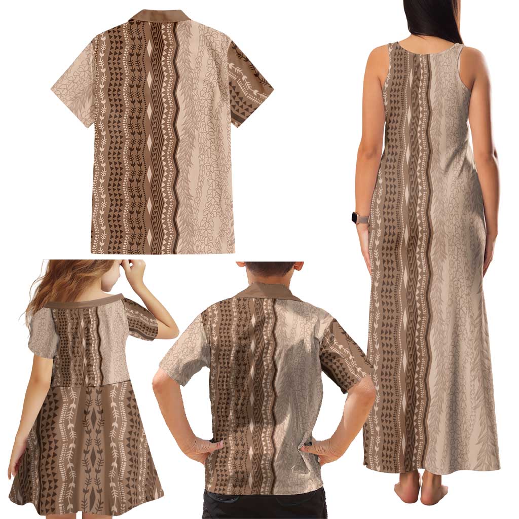 Vintage Beige Hawaiian Traditional Kapa Mix Flowers Lei Family Matching Tank Maxi Dress and Hawaiian Shirt