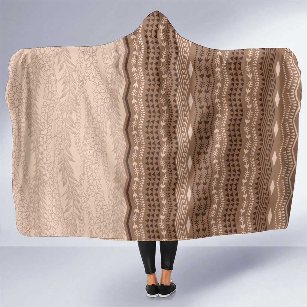 Vintage Beige Hawaiian Traditional Kapa Mix Flowers Lei Hooded Blanket