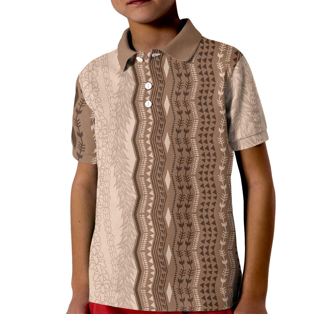 Vintage Beige Hawaiian Traditional Kapa Mix Flowers Lei Kid Polo Shirt LT7 Kid Beige - Polynesian Pride