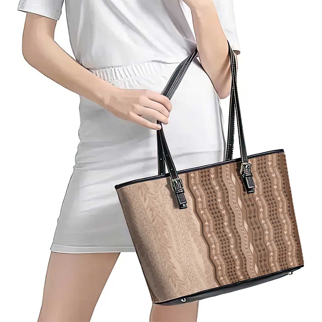 Vintage Beige Hawaiian Traditional Kapa Mix Flowers Lei Leather Tote Bag
