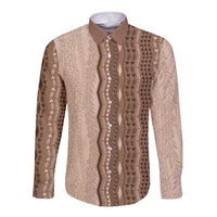 Vintage Beige Hawaiian Traditional Kapa Mix Flowers Lei Long Sleeve Button Shirt