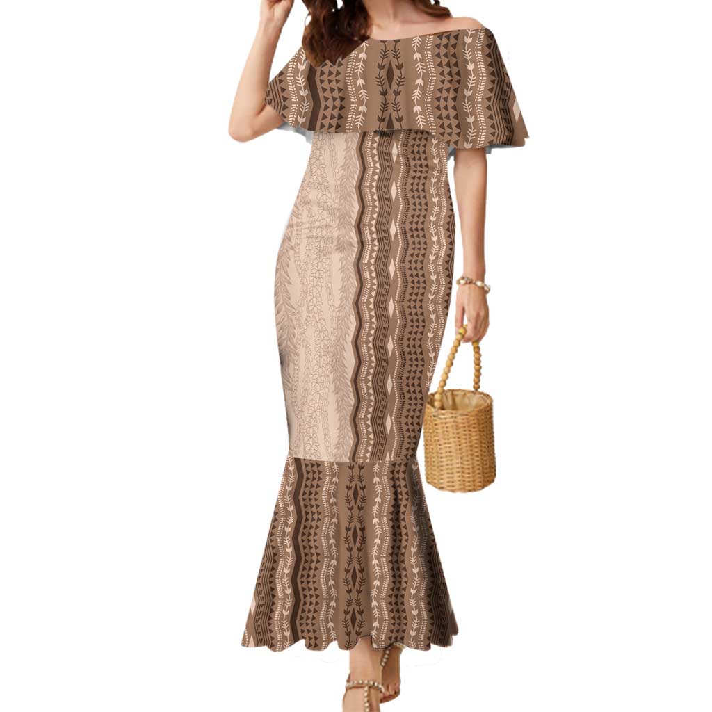 Vintage Beige Hawaiian Traditional Kapa Mix Flowers Lei Mermaid Dress LT7 Women Beige - Polynesian Pride