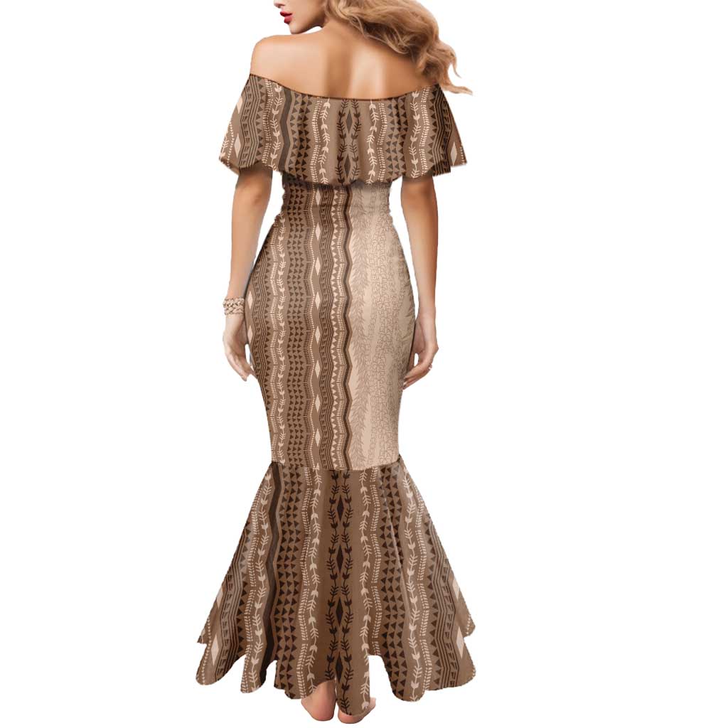 Vintage Beige Hawaiian Traditional Kapa Mix Flowers Lei Mermaid Dress LT7 - Polynesian Pride