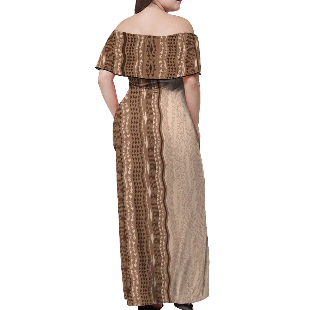 Vintage Beige Hawaiian Traditional Kapa Mix Flowers Lei Off Shoulder Maxi Dress LT7 - Polynesian Pride