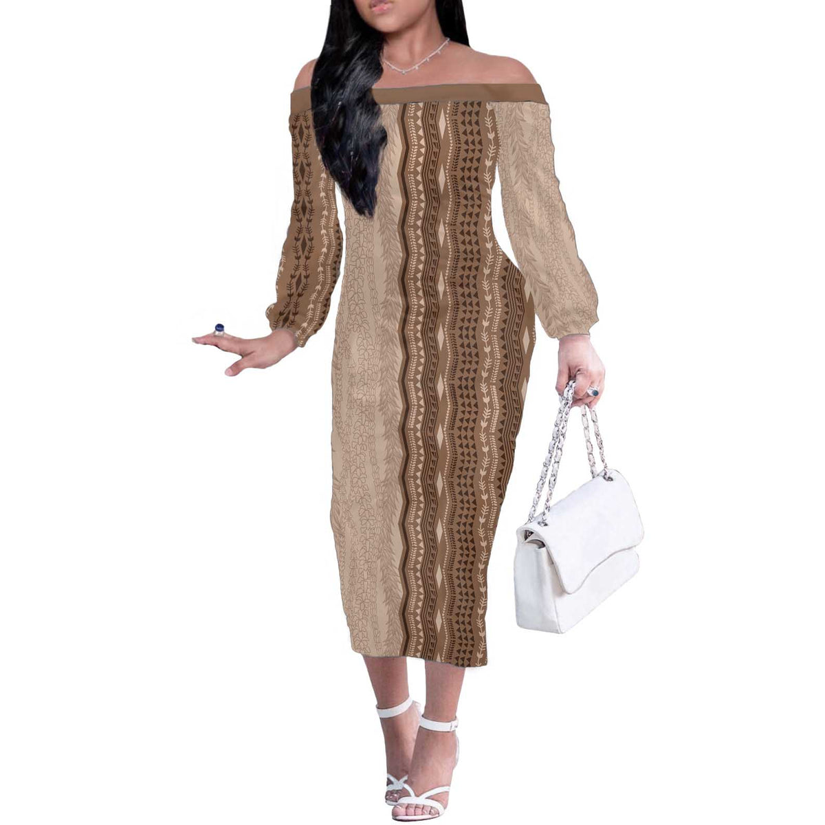 Vintage Beige Hawaiian Traditional Kapa Mix Flowers Lei Off The Shoulder Long Sleeve Dress