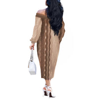 Vintage Beige Hawaiian Traditional Kapa Mix Flowers Lei Off The Shoulder Long Sleeve Dress