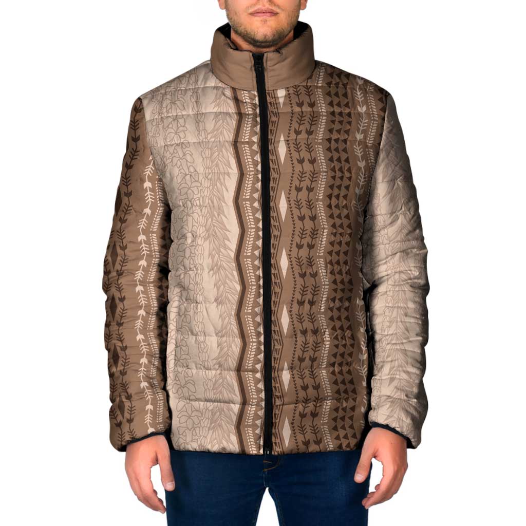 Vintage Beige Hawaiian Traditional Kapa Mix Flowers Lei Padded Jacket LT7 Men Beige - Polynesian Pride