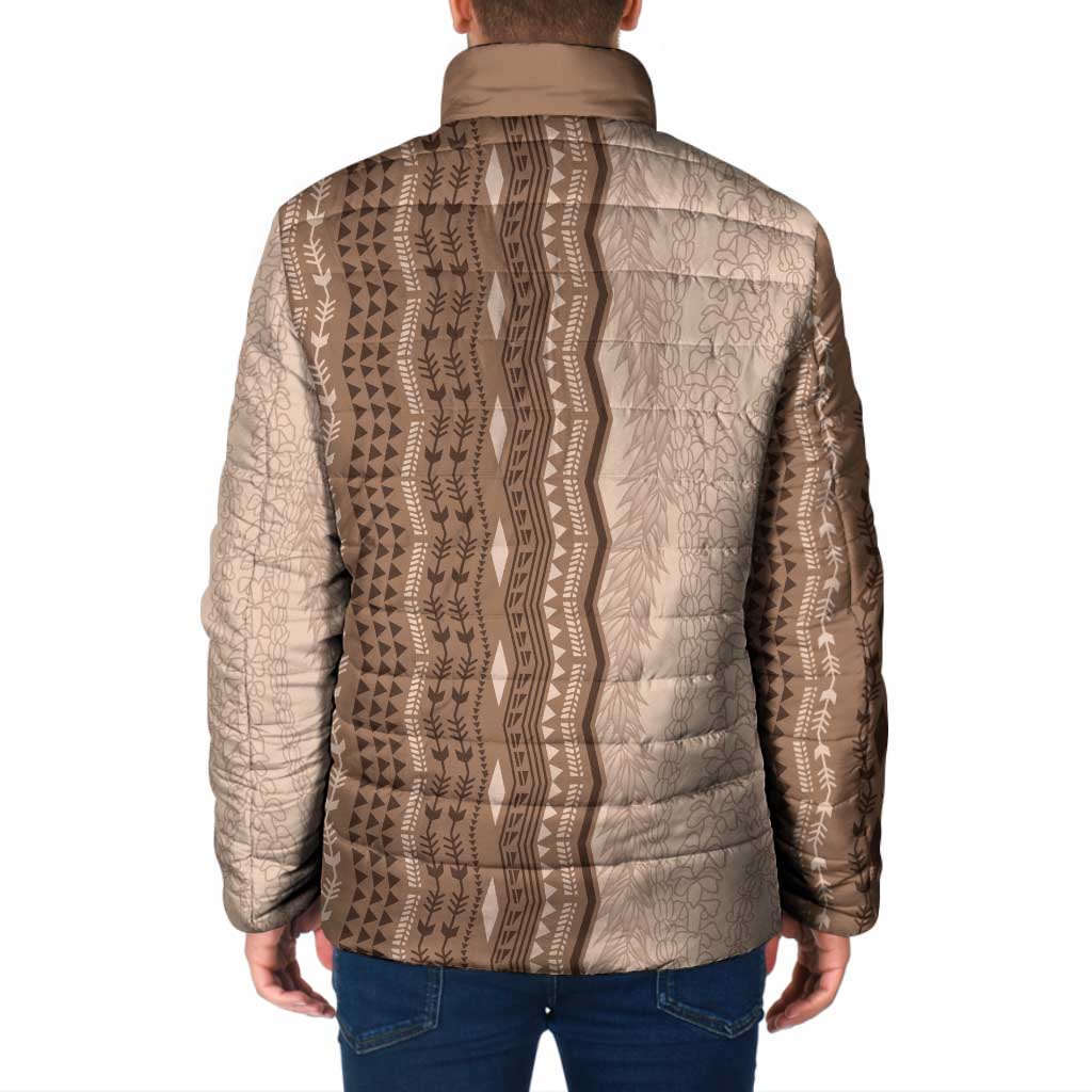 Vintage Beige Hawaiian Traditional Kapa Mix Flowers Lei Padded Jacket LT7 - Polynesian Pride