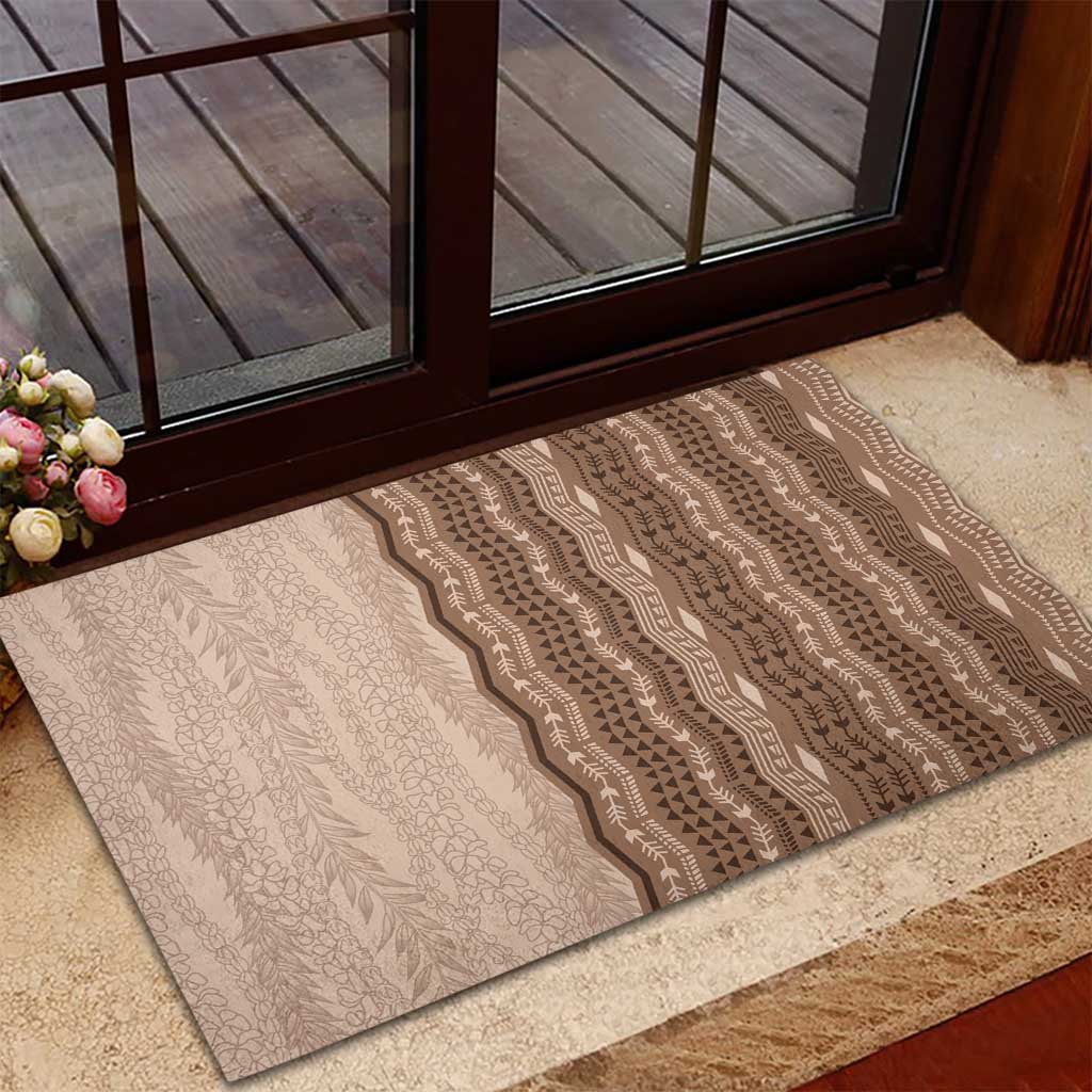 Vintage Beige Hawaiian Traditional Kapa Mix Flowers Lei Rubber Doormat