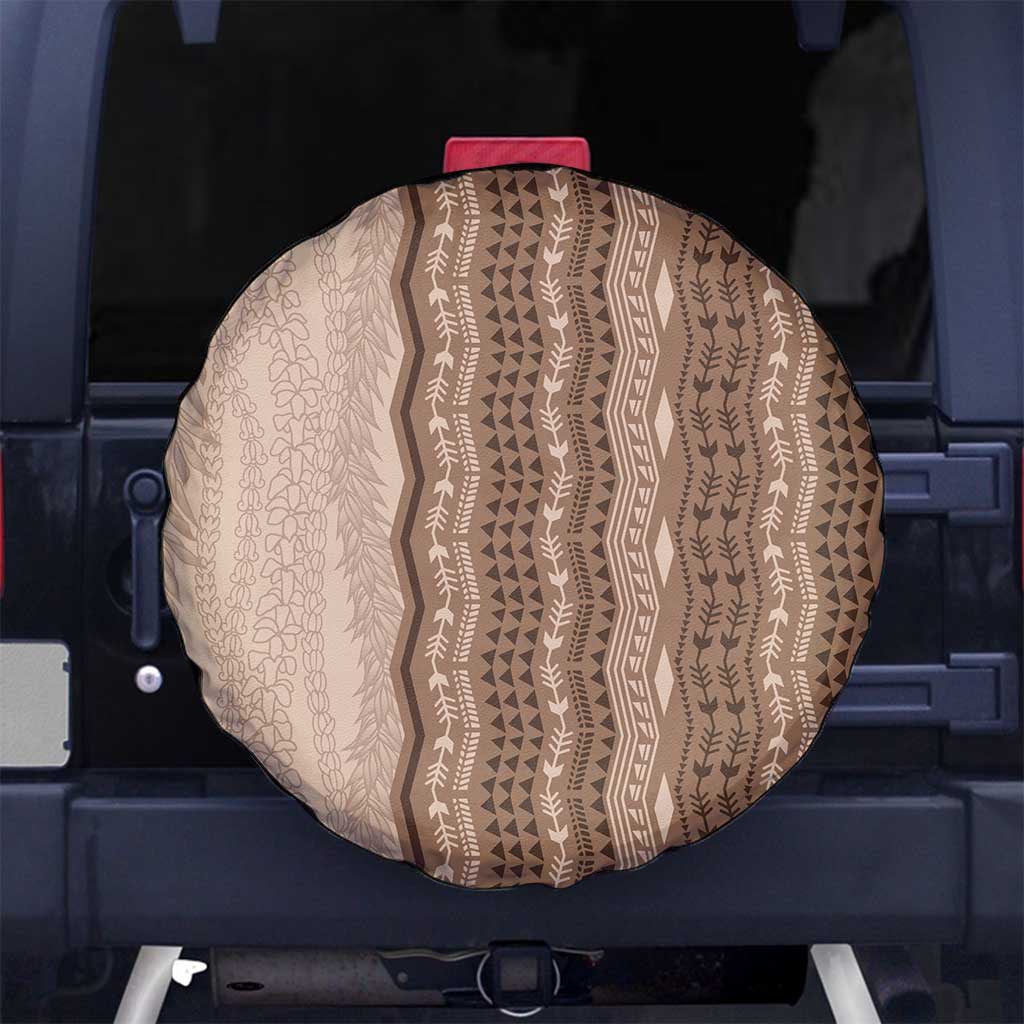 Vintage Beige Hawaiian Traditional Kapa Mix Flowers Lei Spare Tire Cover