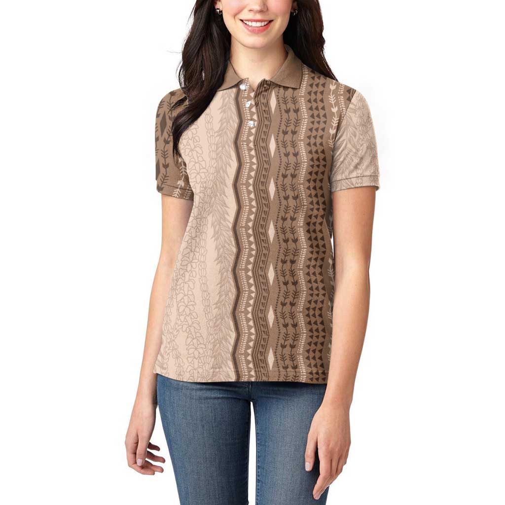 Vintage Beige Hawaiian Traditional Kapa Mix Flowers Lei Women Polo Shirt