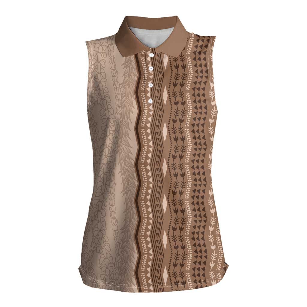 Vintage Beige Hawaiian Traditional Kapa Mix Flowers Lei Women Sleeveless Polo Shirt