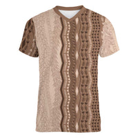 Vintage Beige Hawaiian Traditional Kapa Mix Flowers Lei Women V-Neck T-Shirt