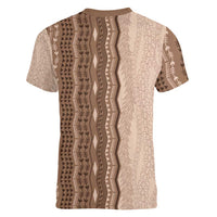 Vintage Beige Hawaiian Traditional Kapa Mix Flowers Lei Women V-Neck T-Shirt