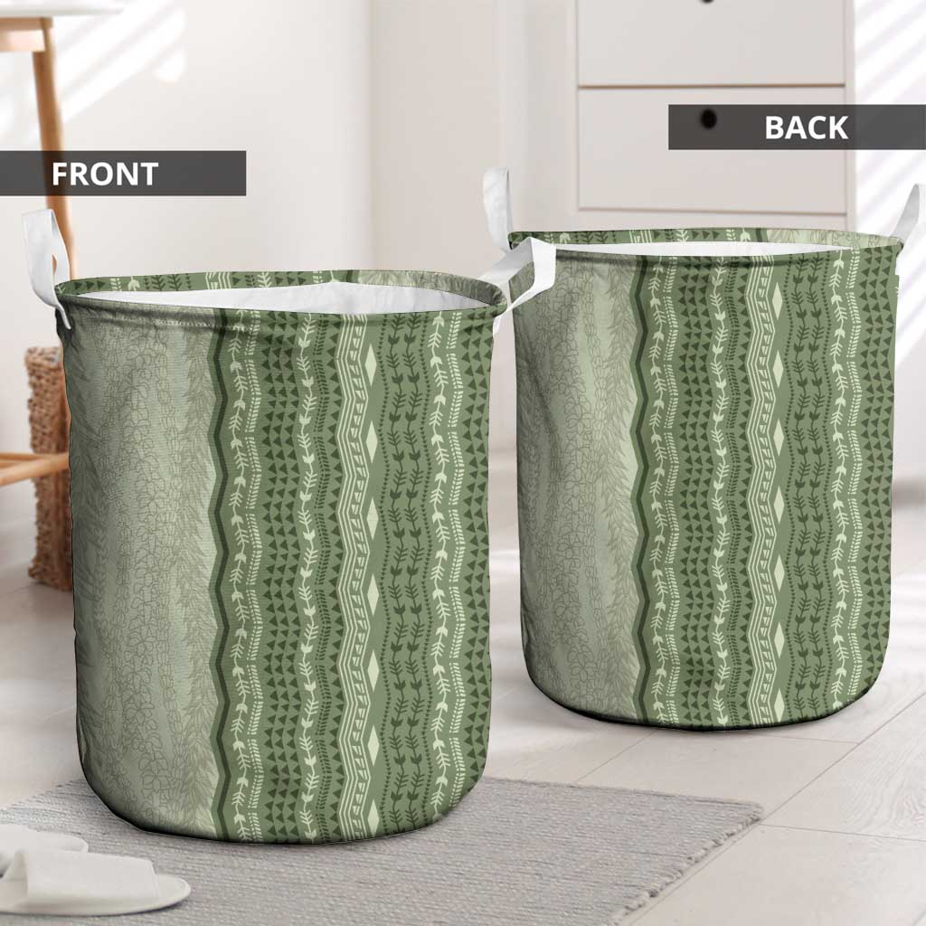 Vintage Sage Green Hawaiian Traditional Kapa Mix Flowers Lei Laundry Basket