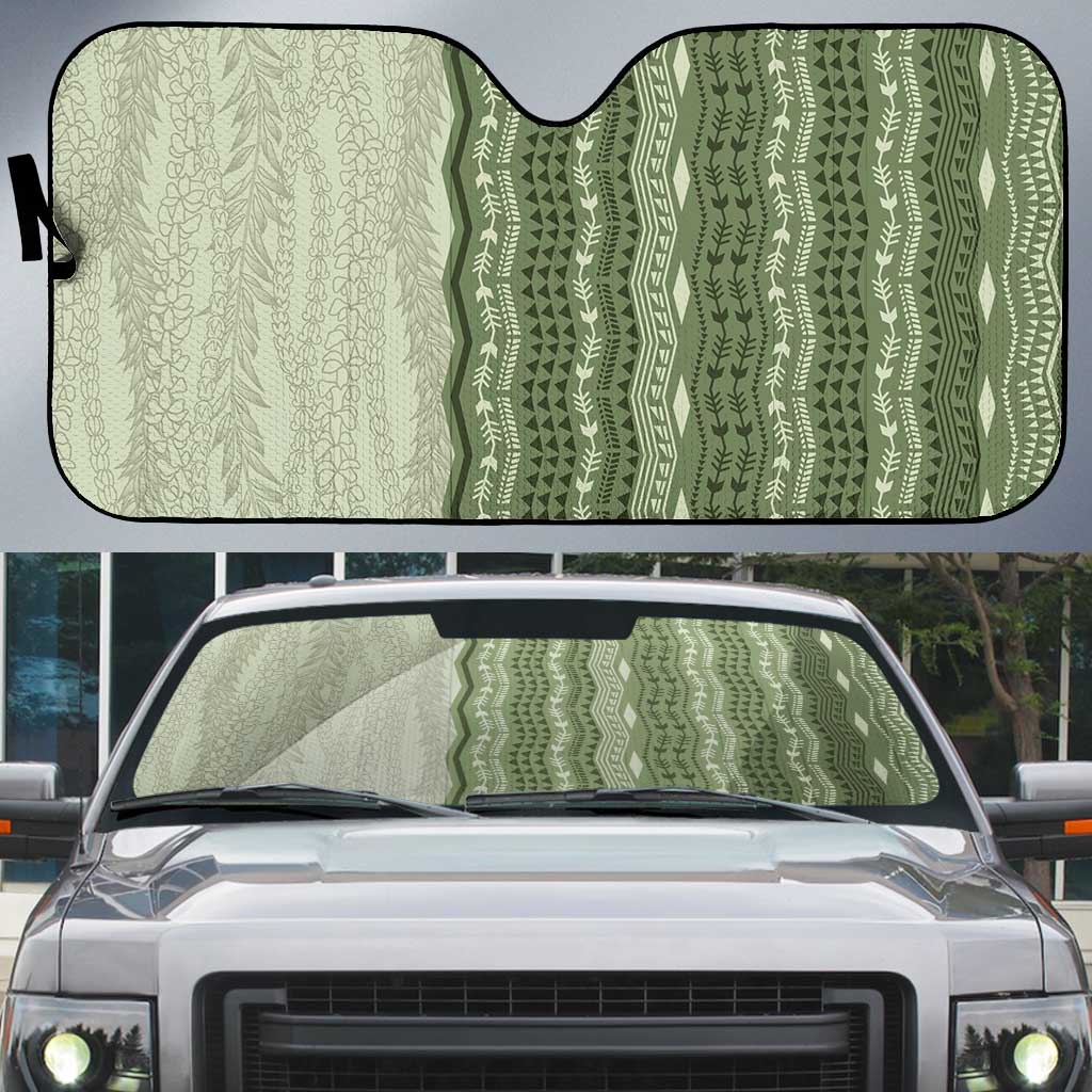 Vintage Sage Green Hawaiian Traditional Kapa Mix Flowers Lei Auto Sun Shade