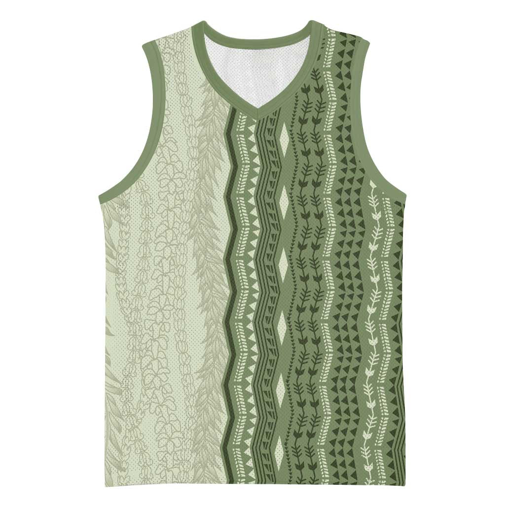 Vintage Sage Green Hawaiian Traditional Kapa Mix Flowers Lei Basketball Jersey