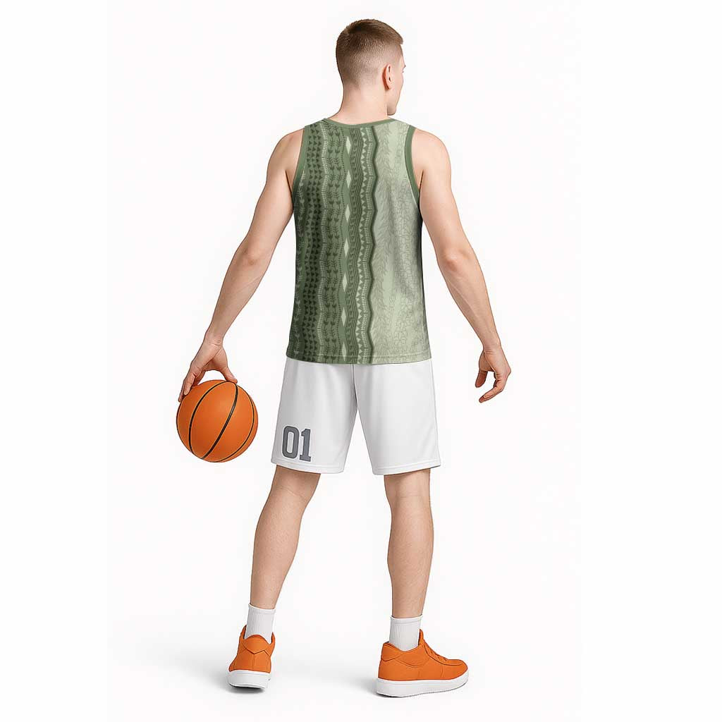 Vintage Sage Green Hawaiian Traditional Kapa Mix Flowers Lei Basketball Jersey