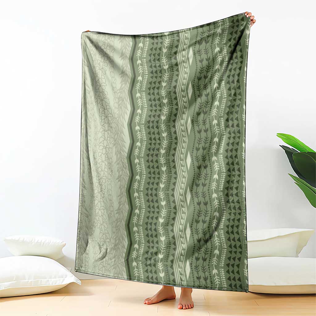 Vintage Sage Green Hawaiian Traditional Kapa Mix Flowers Lei Blanket LT7 - Polynesian Pride
