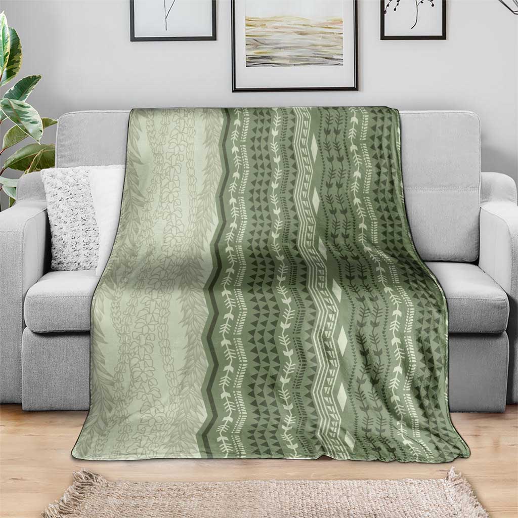Vintage Sage Green Hawaiian Traditional Kapa Mix Flowers Lei Blanket LT7 - Polynesian Pride