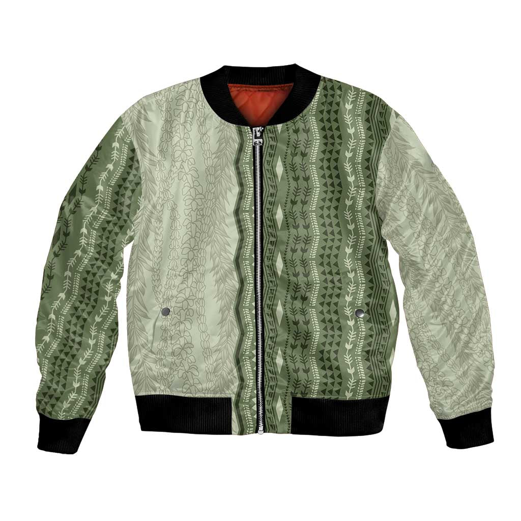 Vintage Sage Green Hawaiian Traditional Kapa Mix Flowers Lei Bomber Jacket LT7 Unisex Sage Green - Polynesian Pride