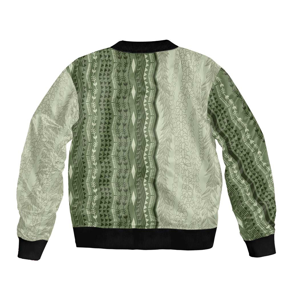 Vintage Sage Green Hawaiian Traditional Kapa Mix Flowers Lei Bomber Jacket LT7 - Polynesian Pride