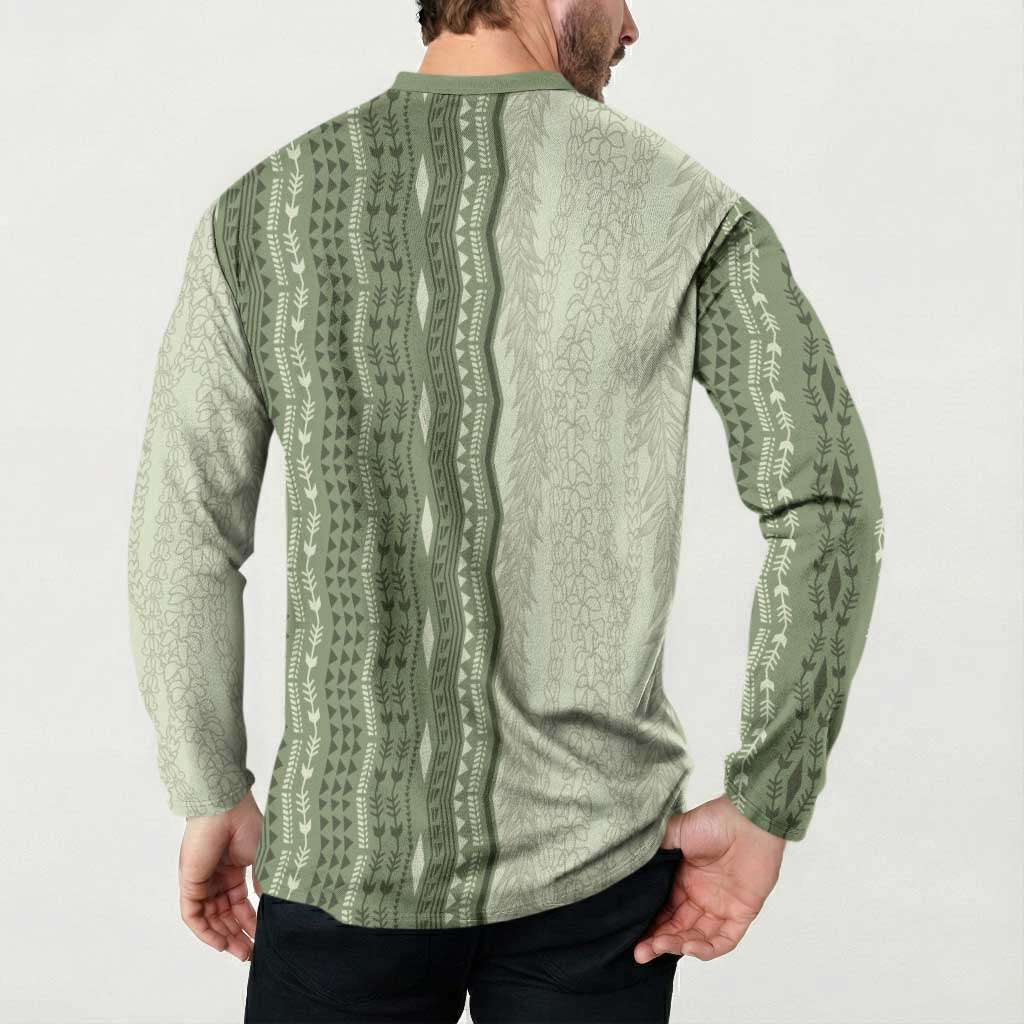 Vintage Sage Green Hawaiian Traditional Kapa Mix Flowers Lei Button Sweatshirt LT7 - Polynesian Pride