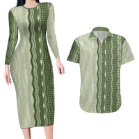 Vintage Sage Green Hawaiian Traditional Kapa Mix Flowers Lei Couples Matching Long Sleeve Bodycon Dress and Hawaiian Shirt