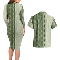 Vintage Sage Green Hawaiian Traditional Kapa Mix Flowers Lei Couples Matching Long Sleeve Bodycon Dress and Hawaiian Shirt