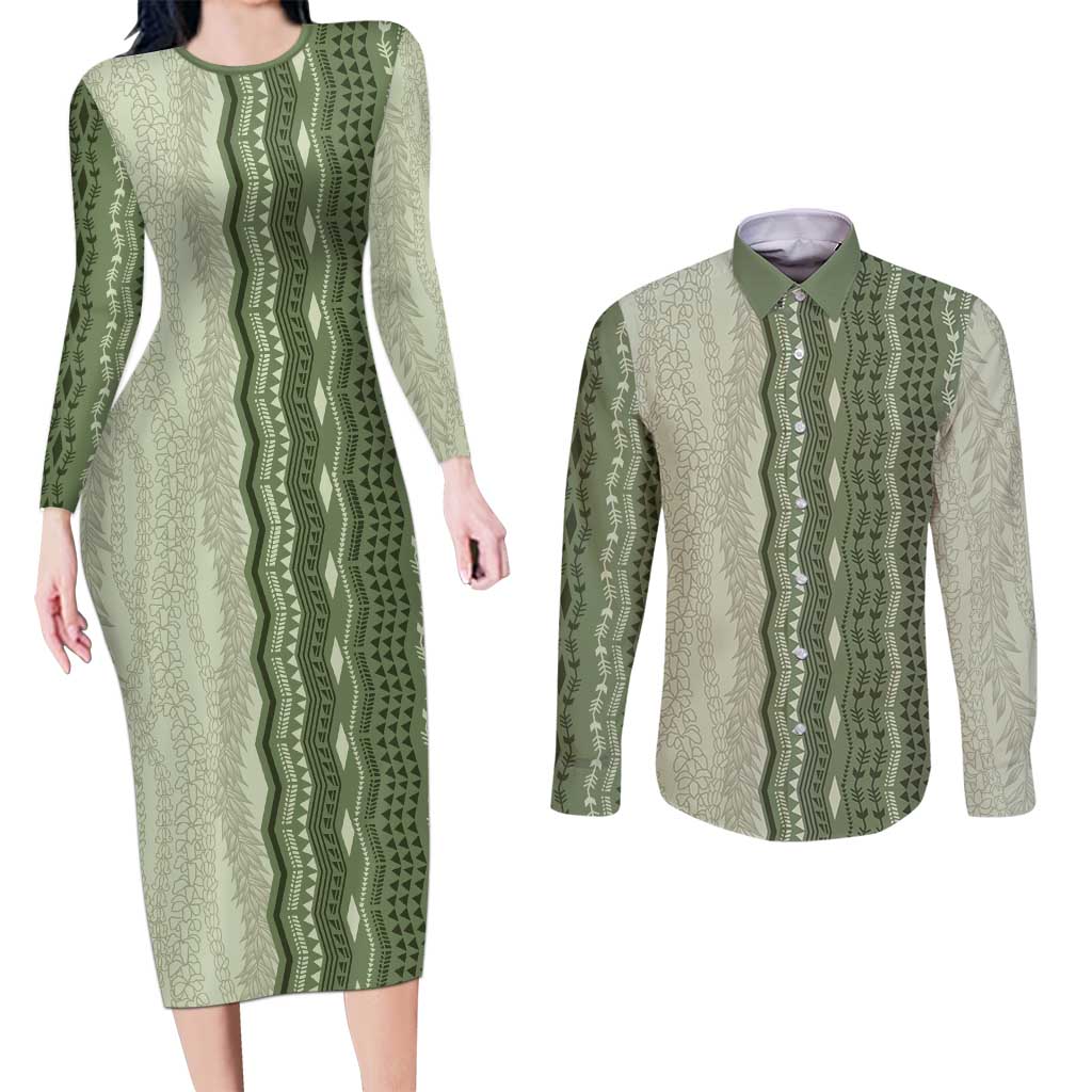 Vintage Sage Green Hawaiian Traditional Kapa Mix Flowers Lei Couples Matching Long Sleeve Bodycon Dress and Long Sleeve Button Shirt