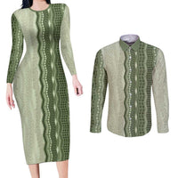 Vintage Sage Green Hawaiian Traditional Kapa Mix Flowers Lei Couples Matching Long Sleeve Bodycon Dress and Long Sleeve Button Shirt
