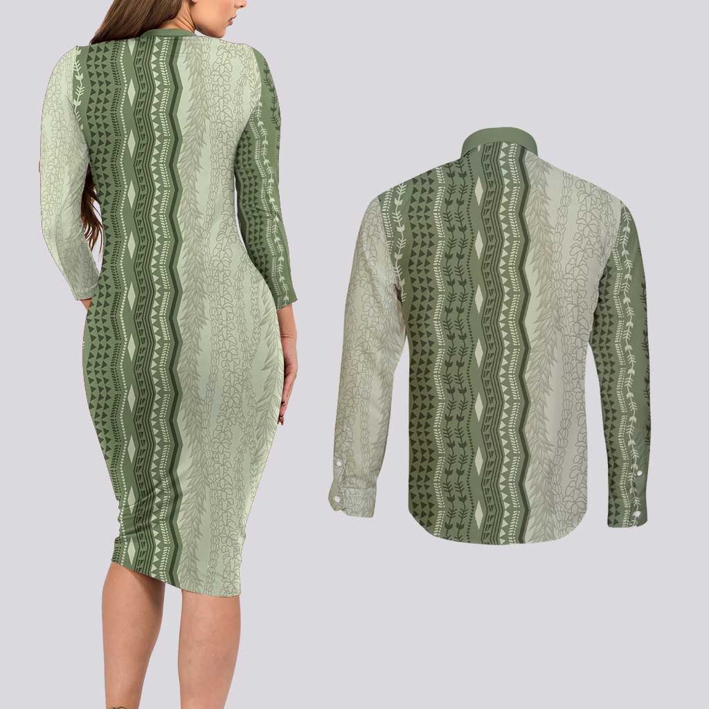 Vintage Sage Green Hawaiian Traditional Kapa Mix Flowers Lei Couples Matching Long Sleeve Bodycon Dress and Long Sleeve Button Shirt