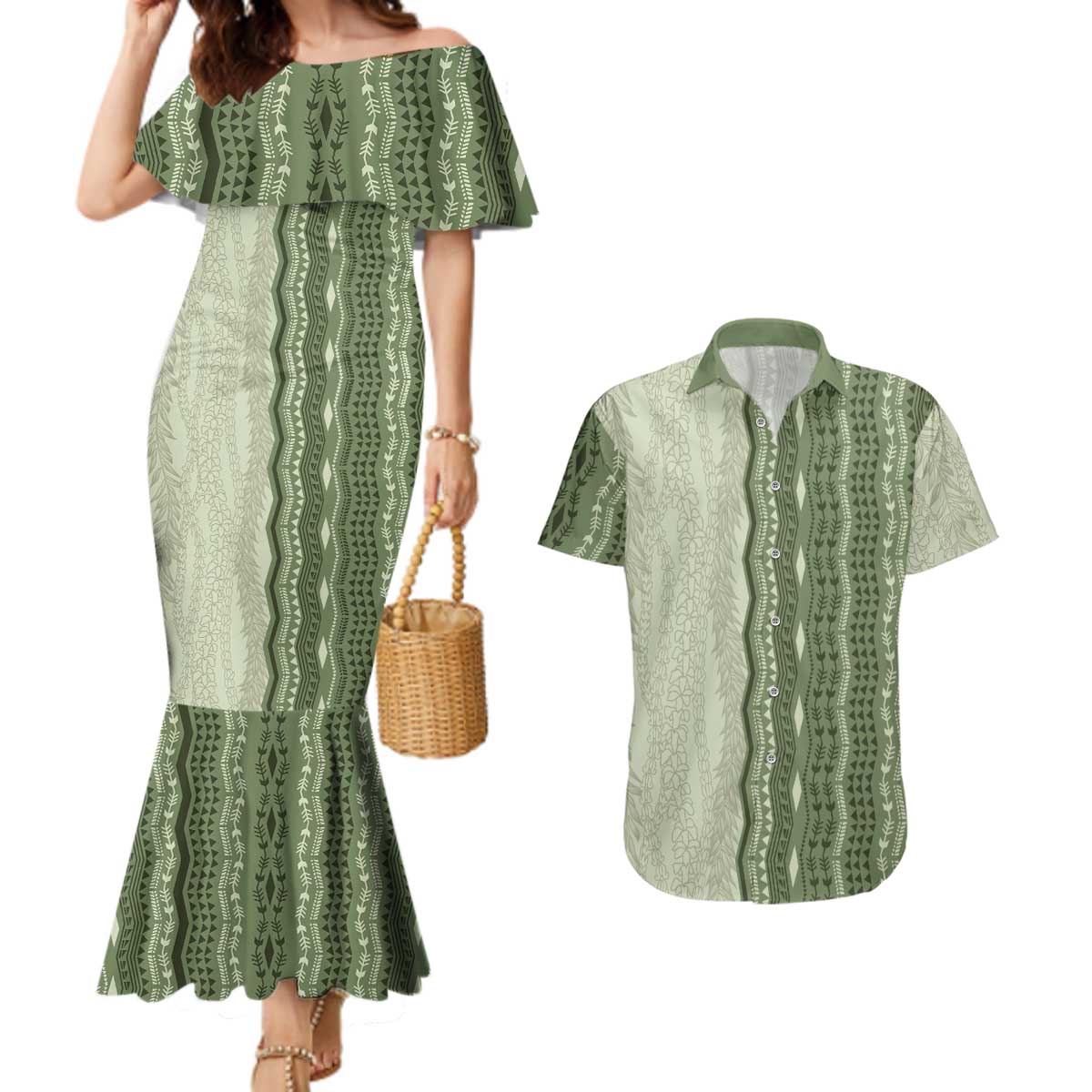 Vintage Sage Green Hawaiian Traditional Kapa Mix Flowers Lei Couples Matching Mermaid Dress and Hawaiian Shirt